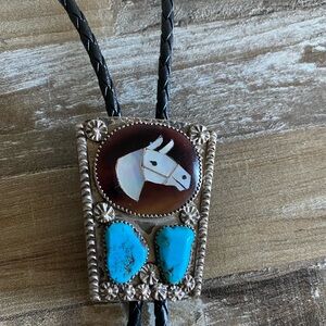 Native American Black and Turquoise Bolo Tie with Horse Design